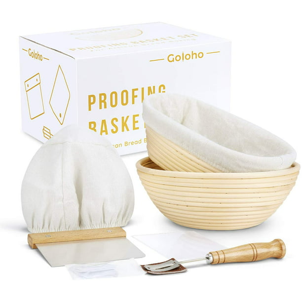 Lutingstore Round Bread Banneton Proofing Basket 2 Set Linen Liner Cloth & Dough Scraper for Professional & Home Bakers